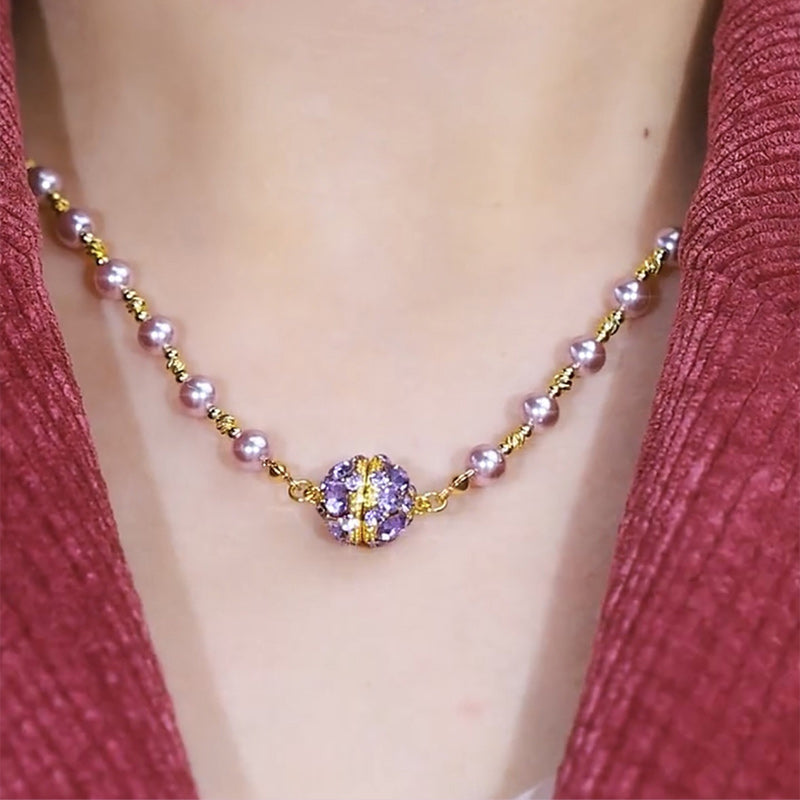 Sparkling Magnetic Rhinestone Balls Elegant Purple Pearl Necklace