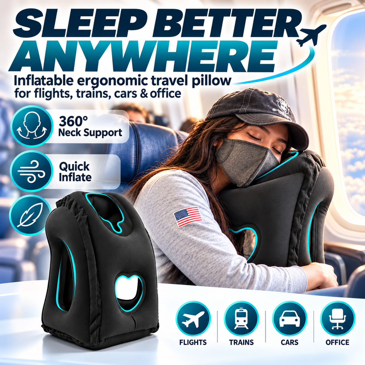 😴 LIMITED-TIME 50% OFF! ✈️ Inflatable Ergonomic Hollow-Cutout Travel Pillow – PVC Flocking, Quick Inflate, With Storage Bag ✨