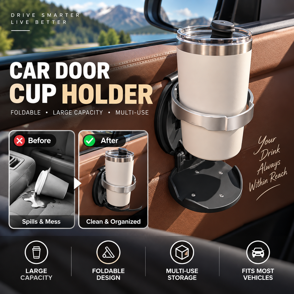⏳🔥LIMITED-TIME 50% OFF! ⏰Multifunctional Foldable Car Door Cup Holder Large Diameter Drink and Water Bottle Storage Rack🚗🥤
