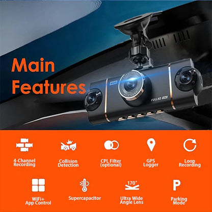 🏆60% Off!🚗4-Channel HD Dashcam with Front Interior Rear Recording🎥