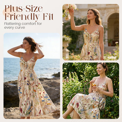 💐Spring Hot Sale 50% OFF!!🌿🌸Plus Size Floral Print Spaghetti Strap Midi Dress