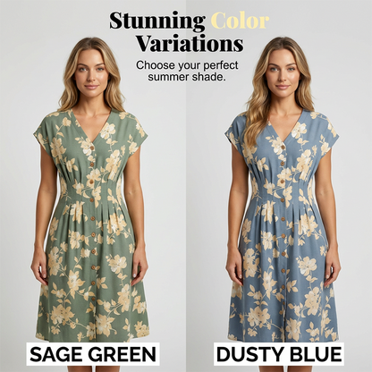 Women's V-Neck Floral Print Button-Down Midi Dress